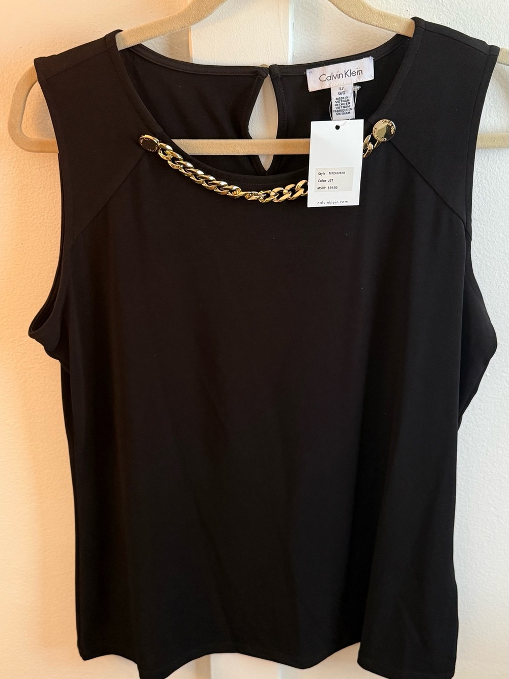 Calvin Klein Navy Sleeveless Gold Chain-Accent Top